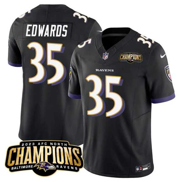 Men & Women & Youth Baltimore Ravens #35 Gus Edwards Black 2023 F.U.S.E. AFC North Champions Vapor Limited Jersey